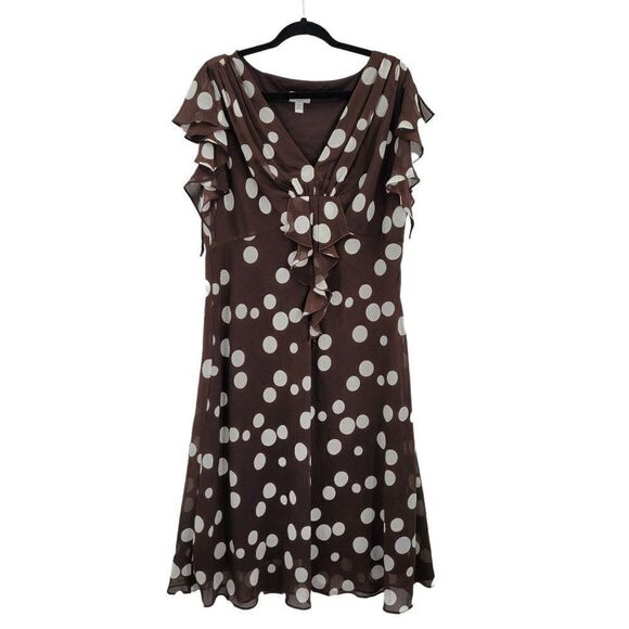 Vtg 80's Womens Dress Midi Pretty Woman Polka Dot Sheer Flutter Sleeve Brown 16 - Picture 1 of 9